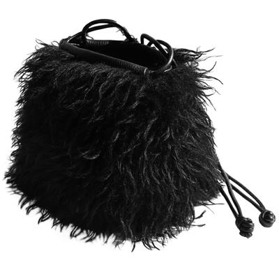 Crossmarberry Women's Fur Shoulder Bag, Small, Drawstring, Mini, Cute, Black, Autumn, Crossbody, Handbag, Round Bottom, Faux Leather, Lightweight,