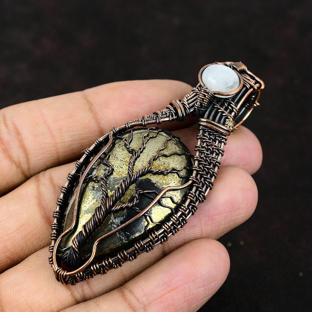 Pandantiv Piatră Prețioasă Pirită Arborele Vieții Pandantiv Înfășurat în Sârmă de Cupru Bijuterii din Sârmă de Cupru Bijuterii cu Piatră Lunii Curcubeu Cadou Pentru Ea Pandantiv de Designer