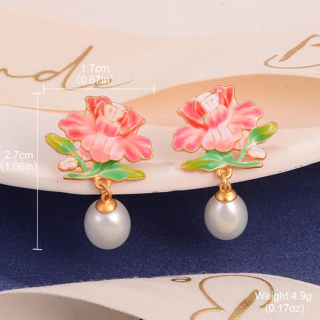 Fresh new Chinese flower stud oil painting style high-end enamel pearl earrings vintage national style tassel earrings women