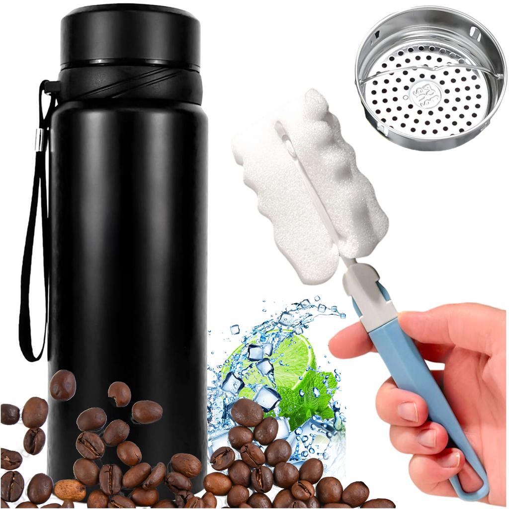 Thermos Bottle Thermal Water Bottle 1L For Coffee Tea Yerba Mate With Infuser Strainer Large Alogy Steel Black + Washing Brush
