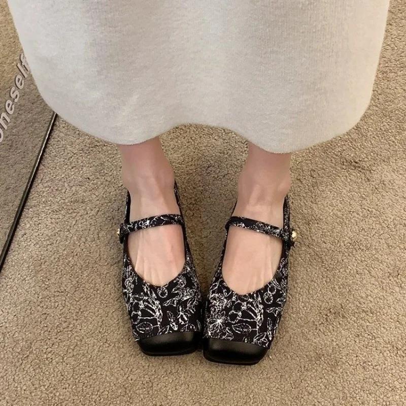 Fashion Ladies Footwear Printing Black Mary Jane With Heel Non Slip Vacation High Quality Fashion Lastest Shoe Y2k 39 Women's Flat Shoes