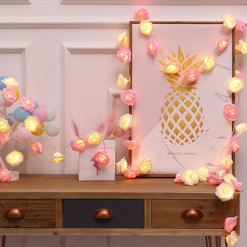 1pc 2M 10Lights LED White and Pink Rose String Lights For Room Garden Decoration Night Light Without Battery
