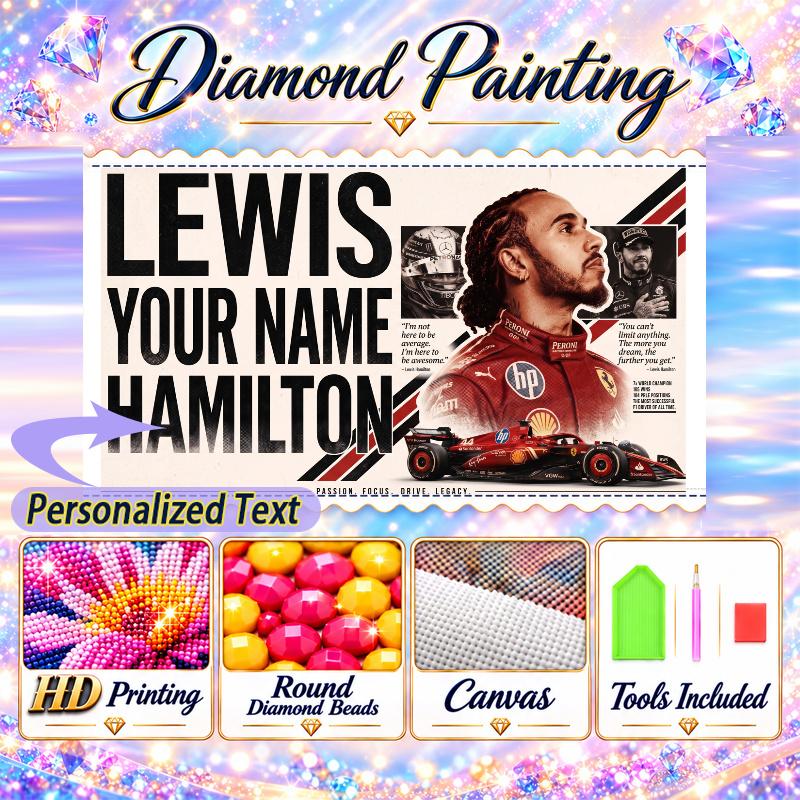 Lewis Hamilton 5D DIY Diamond Painting Custom Name Text, Full Drill Rhinestone Mosaic Art Home Gift