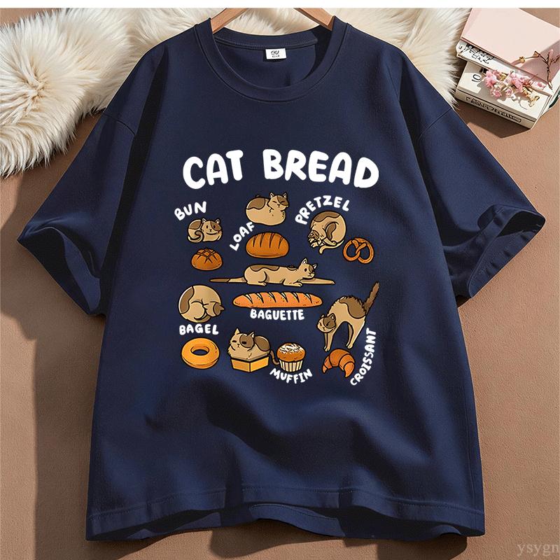 Funny Cat Bread Art Print Womens Crew Neck Short Sleeve T Shirt Cute Kitten Bakery Food Cartoon Casual Graphic Tees For Ladies
