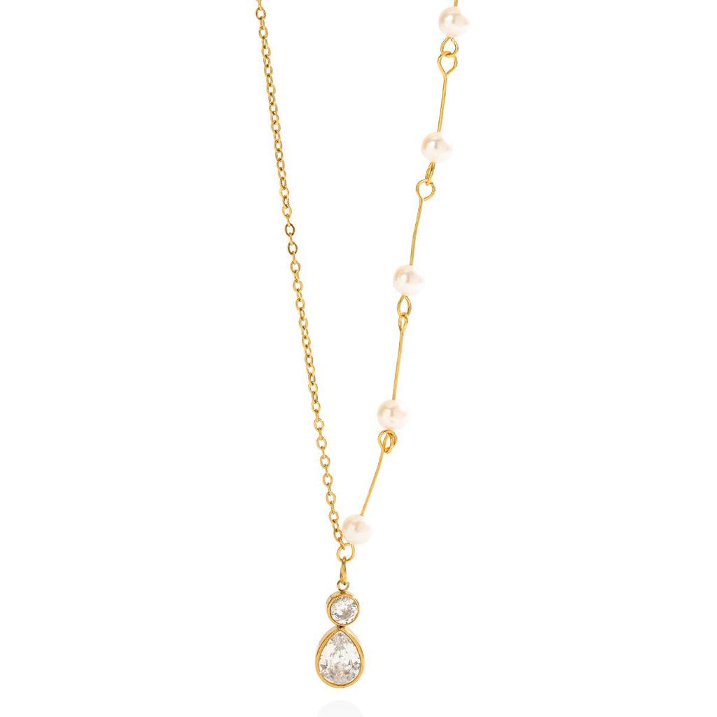 Retro Freshwater Pearl & Chain Necklace with Beads, Stainless Steel Clavicle Chain, Trendy European & American Style