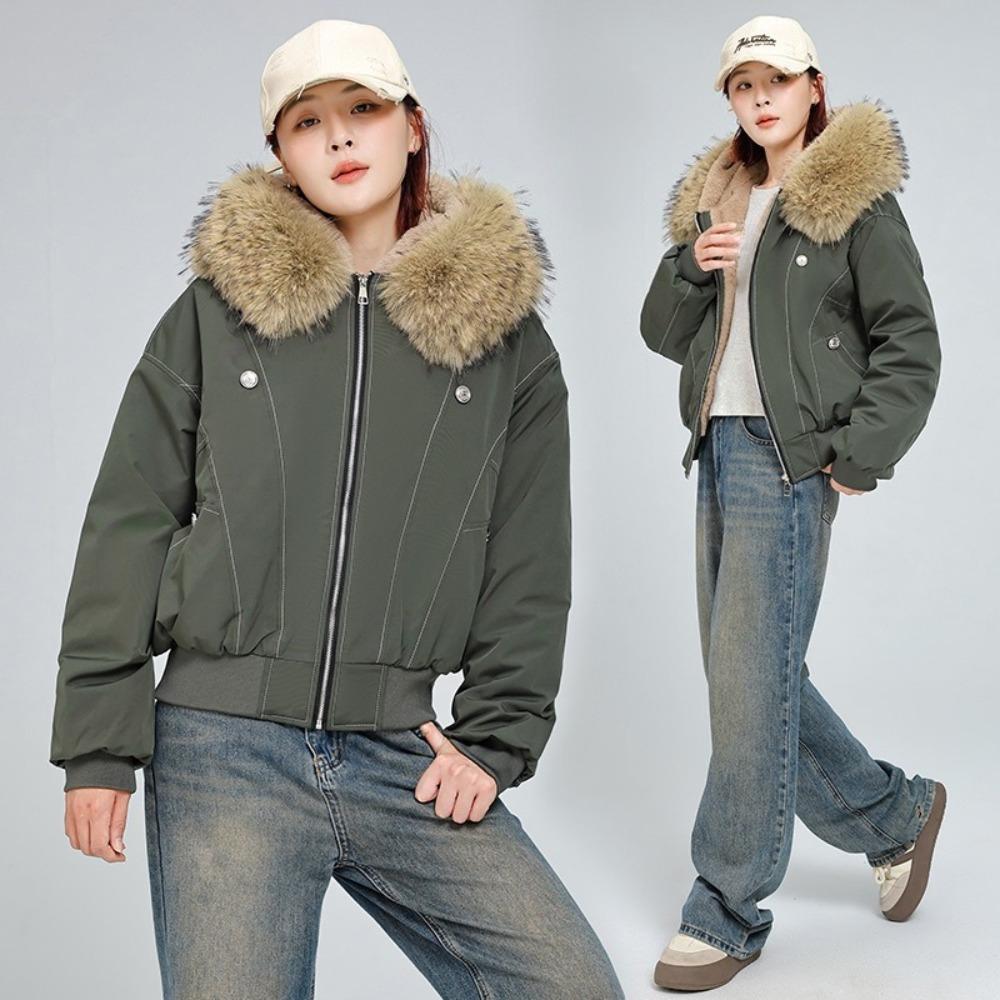 Women Short  Puffer Jacket Large Faux Fur Hood Collar Zip‑Up Stitched Detail Warm Winter Casual Outerwear