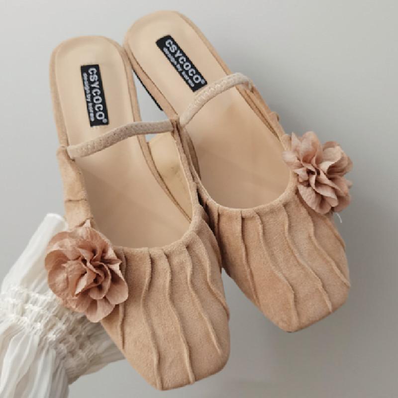 Fashion Fashion Pleated Flower Flat Sandals Women Summer Comfort Soft Soled Faux Suede Designer Shoes Concise Non Slip Beach Casual Shoe
