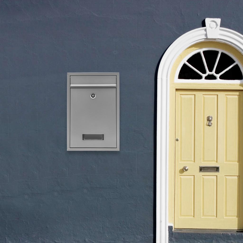 Stříbrná nástěnná schránka se zabezpečením proti krádeži, Bezpečné vhazovací štěrbiny s klíčovým zámkem, Kovová schránka odolná proti korozi pro domácnost a kancelář