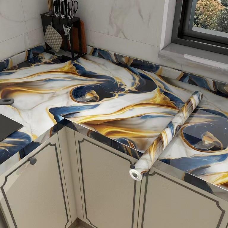 40cm Self-Adhesive Marble Film Oil-Proof Heat-Resistant Kitchen Wall Stickers for Cabinet Home Renovation Decorative Wallpaper