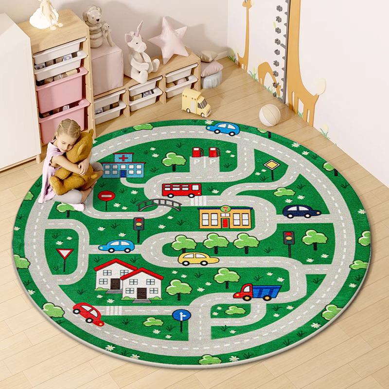 Road Round Mat for Children Cute Cartoon Children Room Area Rug Home Living Room Carpet Non-slip Soft Hanging Basket Chair Mats