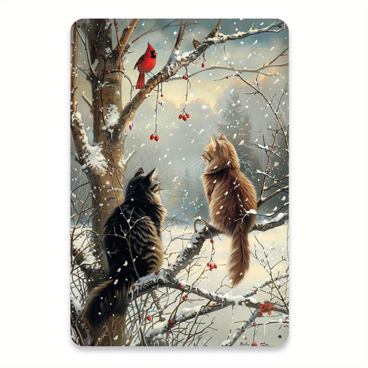 

1pc Vintage Bird & Dog World Metal Tin Sign - Durable Iron Wall Art with Cardinals, Cats & Snowy Scene - Perfect for Home, Gym, 20X30CM