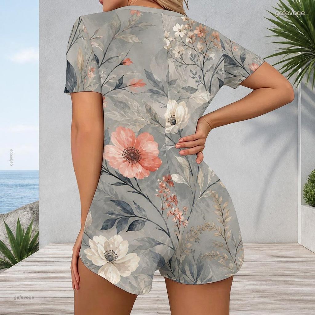 Womens Short Sleeve One Piece V Neck Plus Size Jumpsuit