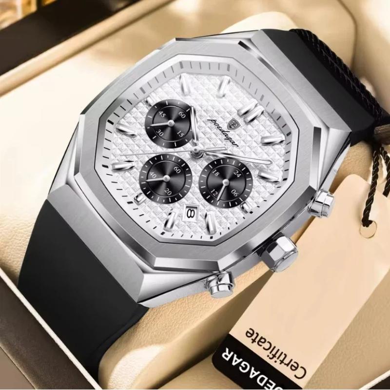 POEDAGAR Functional Watch for Men Date Chronograph Luminous Waterproof Silicone Classic Male Watch Quartz Original Watches