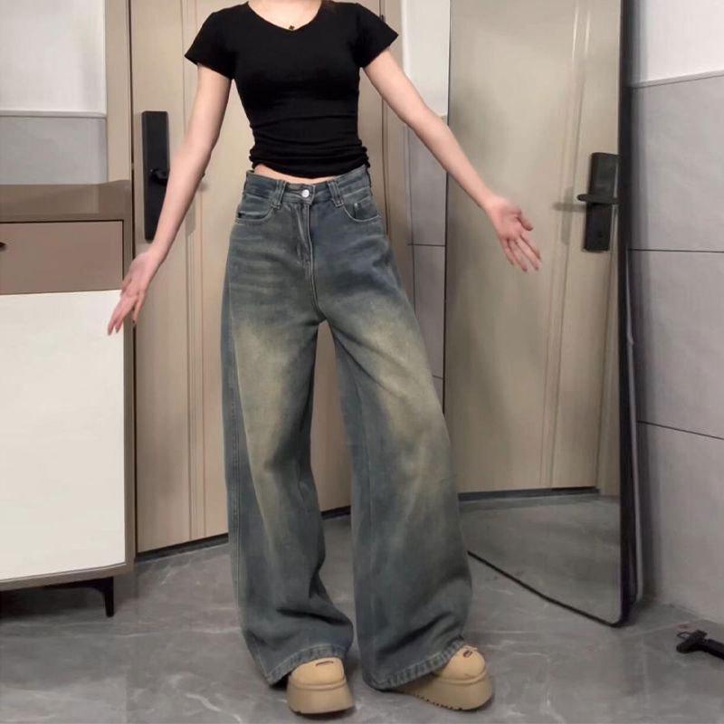 Women s Plus Size Retro Blue High Waist Straight Wide Leg Jeans 4XL