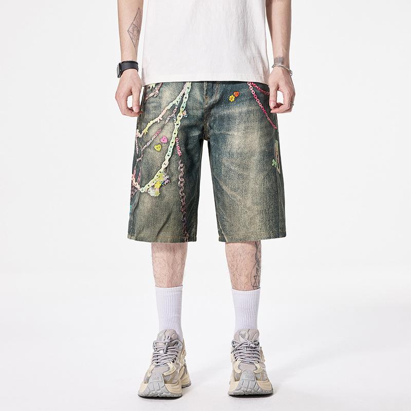 

Ретро 3D Конфетная Цепь Принтованные Джинсовые Шорты Мужские Прямые Свободные Укороченные Брюки 2XL