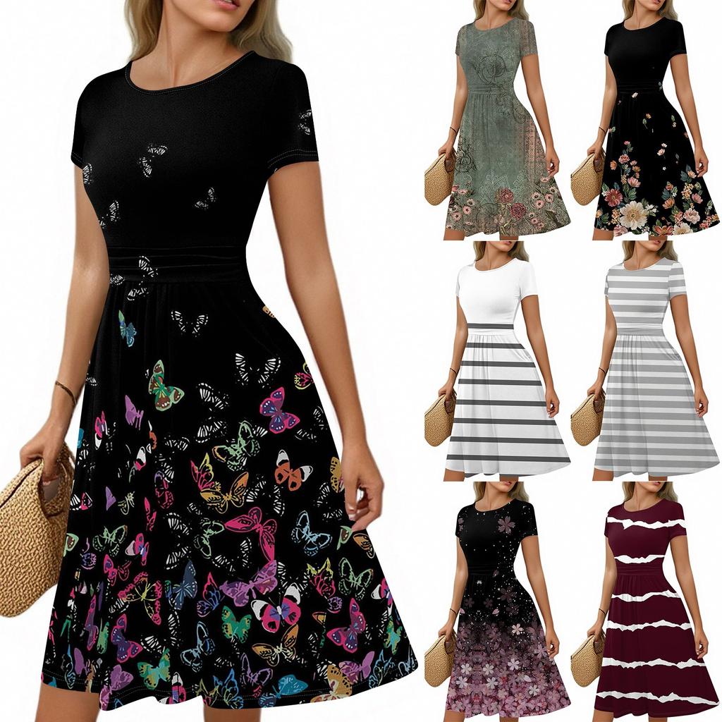 Women's Casual Fashion Round Neck Pleated Short Sleeve Retro Floral A-Line Midi Dress