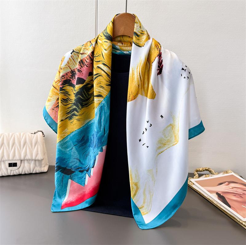 Abstract Color Block Simulation Silk Printing Large Square Scarf Silk Scarf Shawl Headscarf Beach Scarf Neck Protection Scarf Decorative Women'S Scarf