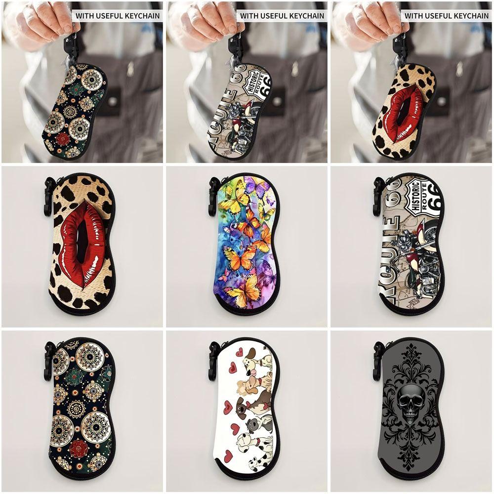 Portable Hanging Flower Print Eyeglass Case Leather Lips Print Reading Glass Pouch Water-resistant Soft Sunglasses Holder Women