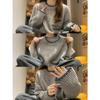 Women's Grey Color Block Loose Knit Sweater - Korean Style, Round Neck, Soft & Cozy for Autumn/Winter