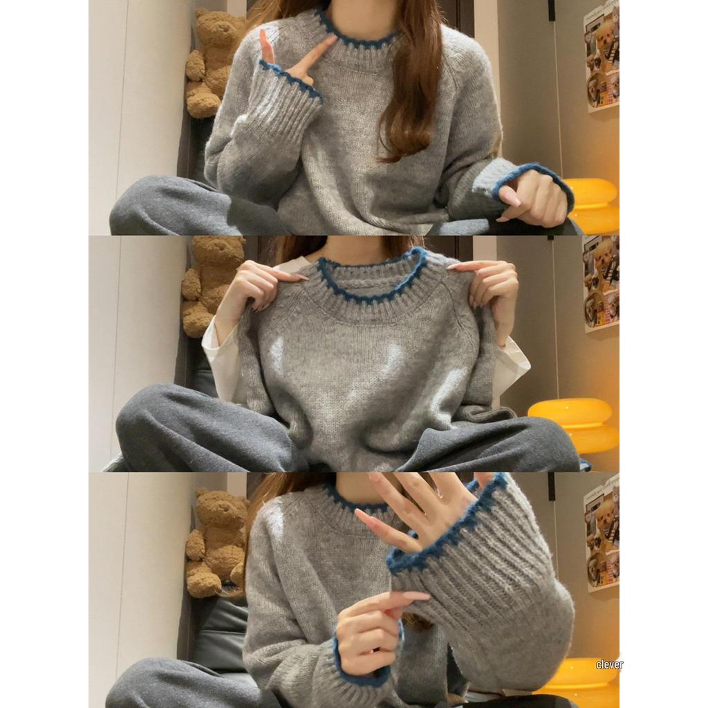 Women's Grey Color Block Loose Knit Sweater - Korean Style, Round Neck, Soft & Cozy for Autumn/Winter