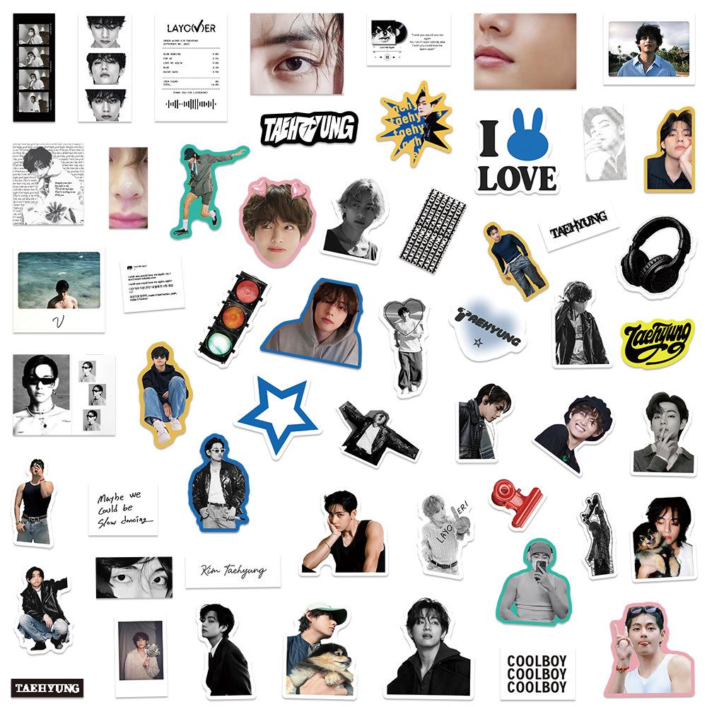 50ks V(BTS) Balíček samolepek pro přestup, Fotografické samolepky K-popových idolů pro fanoušky ARMY, Na notebook a kryt telefonu 50pcs black