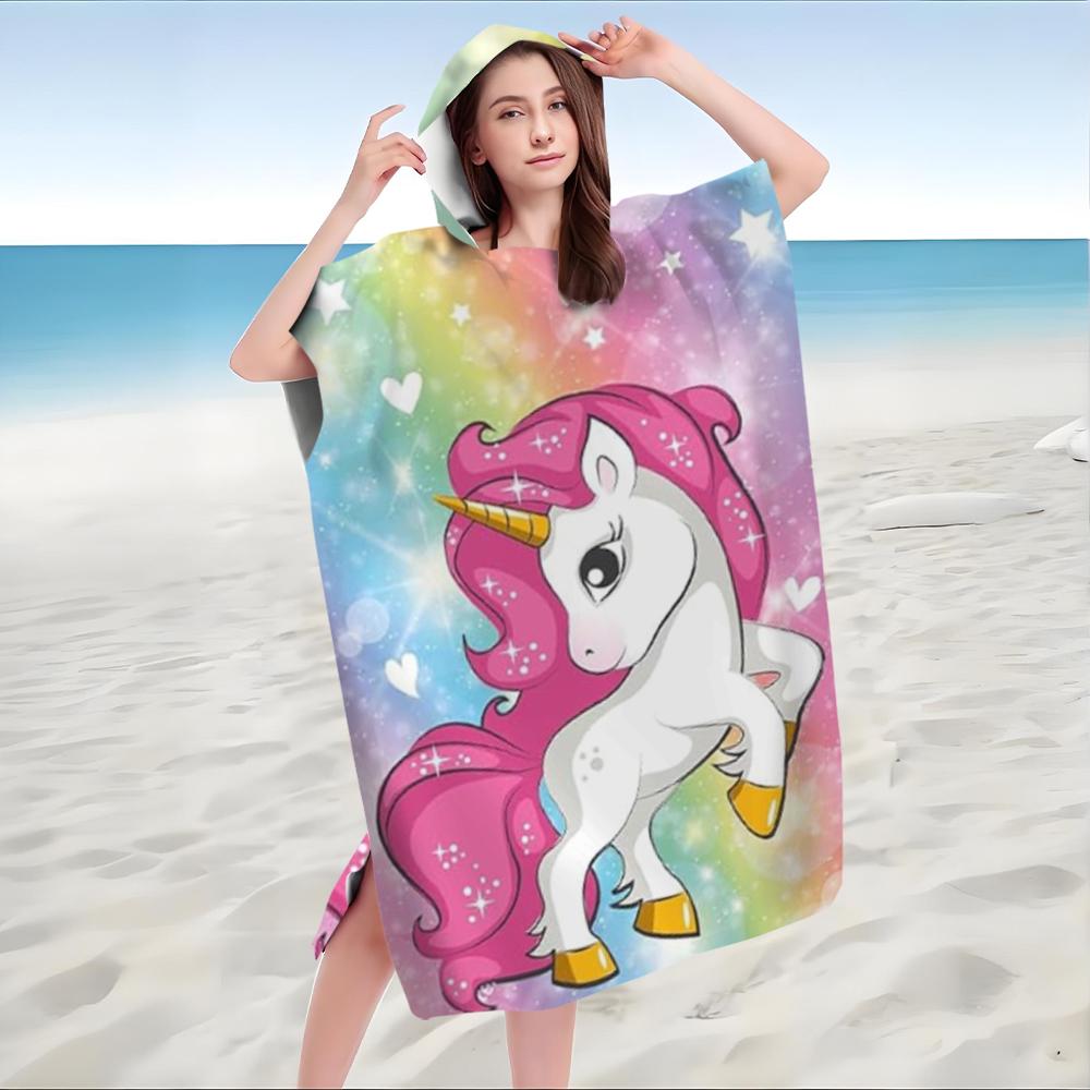 Hooded Bathrobe Unicorn Print Microfiber Quick Dry Absorbent Beach Robe Changing Robe Swim Cover Up for Kids Adults Swimming
