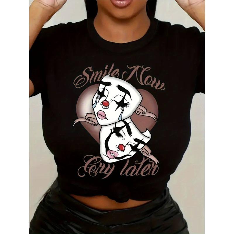 European Size Clown Mask Print T-Shirt, Short Sleeve Round Neck Casual Top S