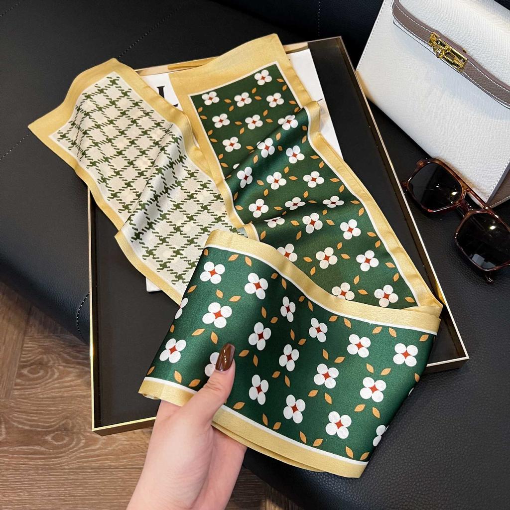 Long Silk Scarf Women's New Small Silk Scarf Printing Simulation Silk Tied Bag Streamer Explosion Sweet Little Scarf