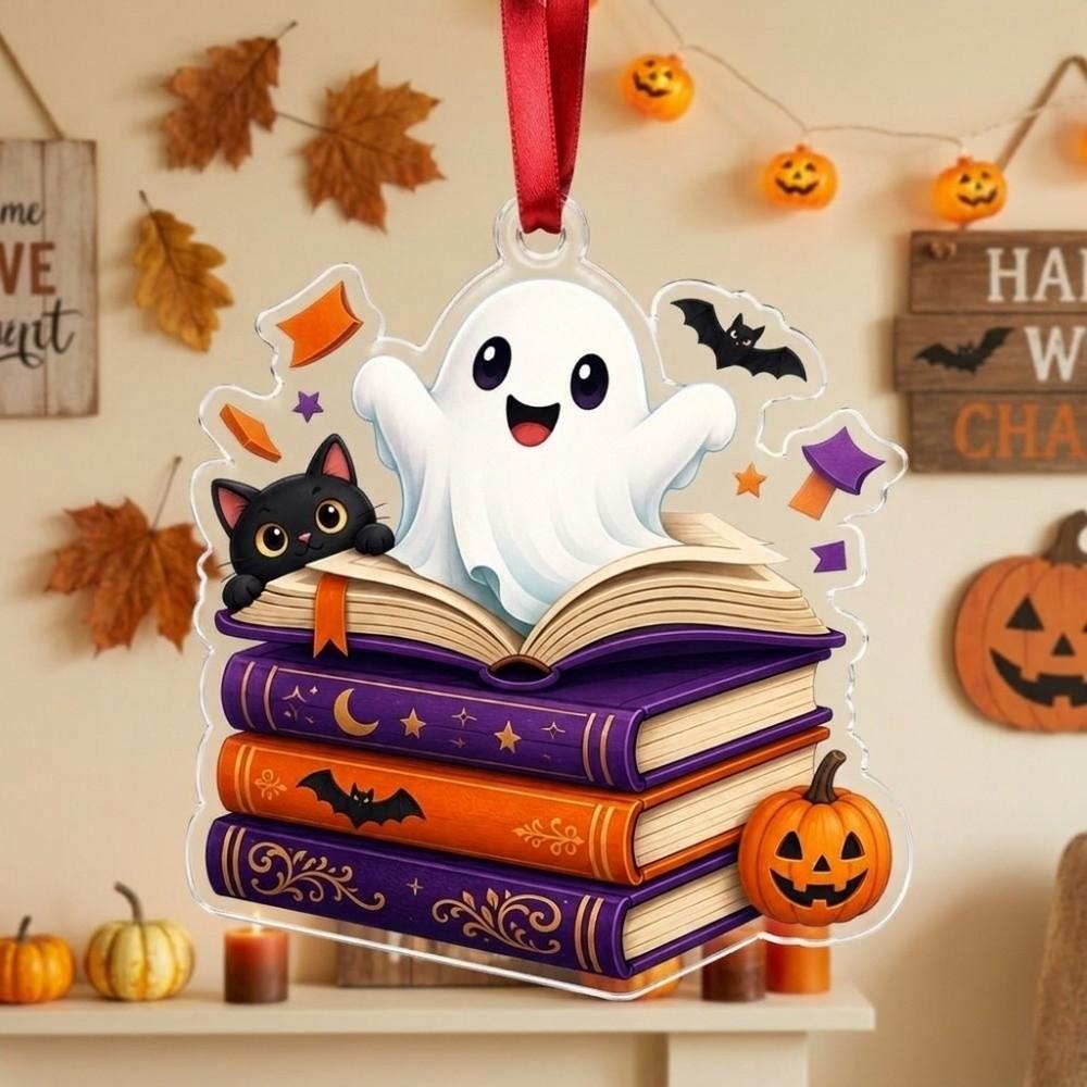 Car Pendant 2D Flat Reading Ghost Pendant Acrylic Spooky Halloween Ghost Ornaments Black Cat Halloween Bag Charm Holiday Party