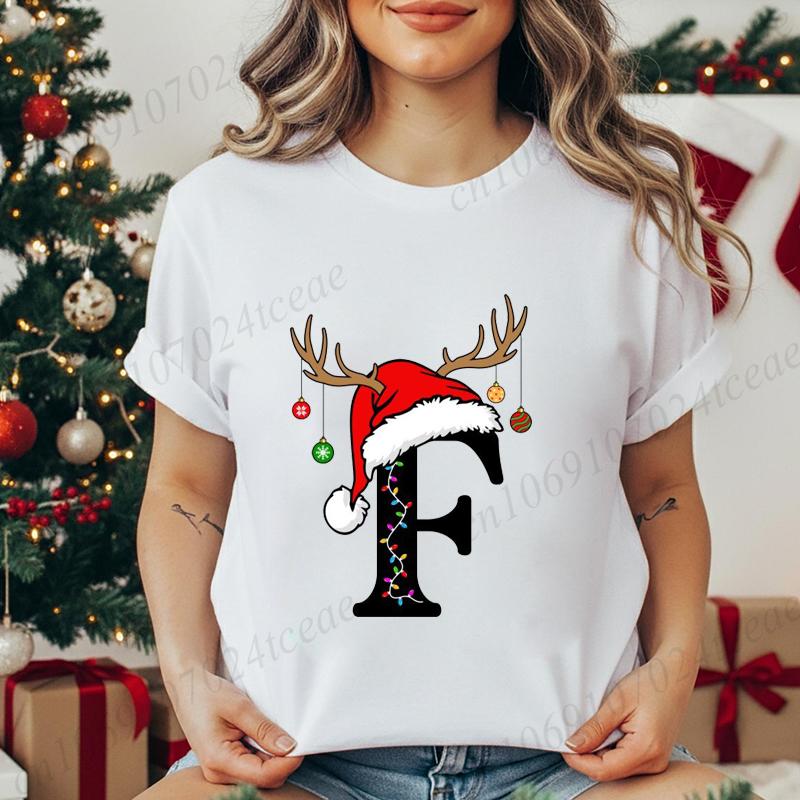 Fashion Christmas Alphabet Santa Reindeer Print T-Shirts Fashion Clothing Short Sleeve T-shirt Christmas Party Trend Women Tops