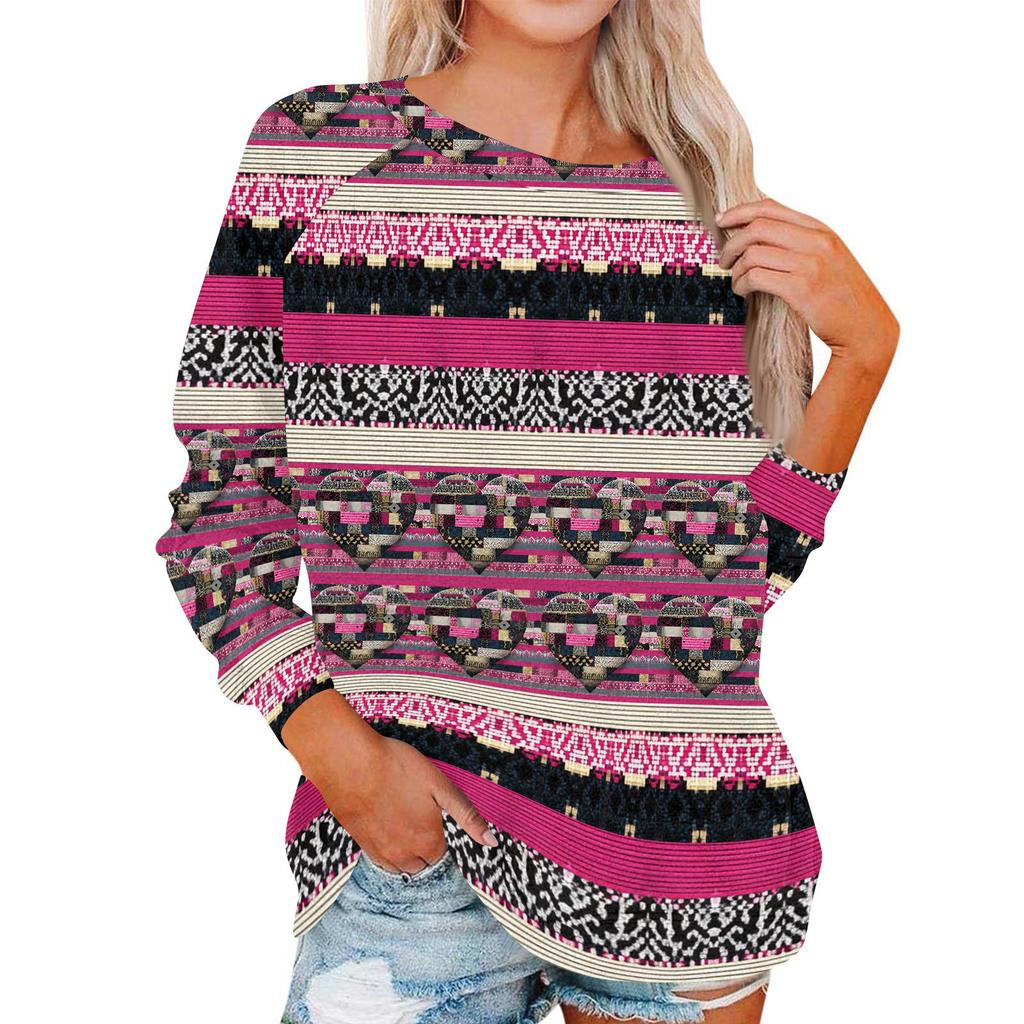Women's Fashionable Round Neck Shoulder Long Sleeved Valentine's Day Printed Casual Pullover Top