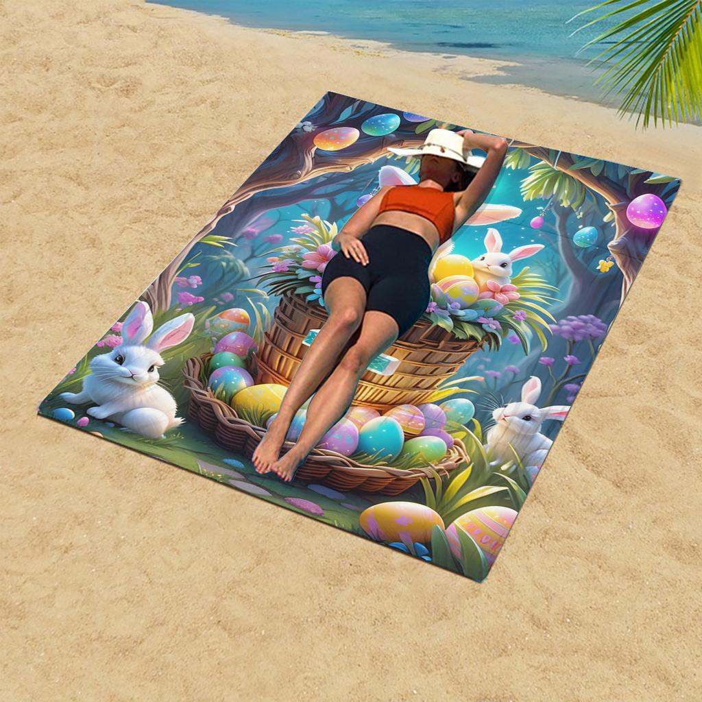 1Pc Cartoon Rabbit Egg Basket Beach Towel Healing High Aesthetic Beach Vacation Swimming Large Towel For Relaxation And Play