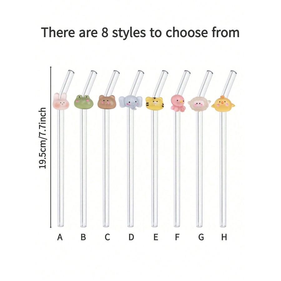 Glass Straws with Animal Charms, Clear Bend Reusable Drinking Straw, for Cold Drinks, Milk Tea, Coffee, Juice, Smoothies, Kitchens, Restaurants