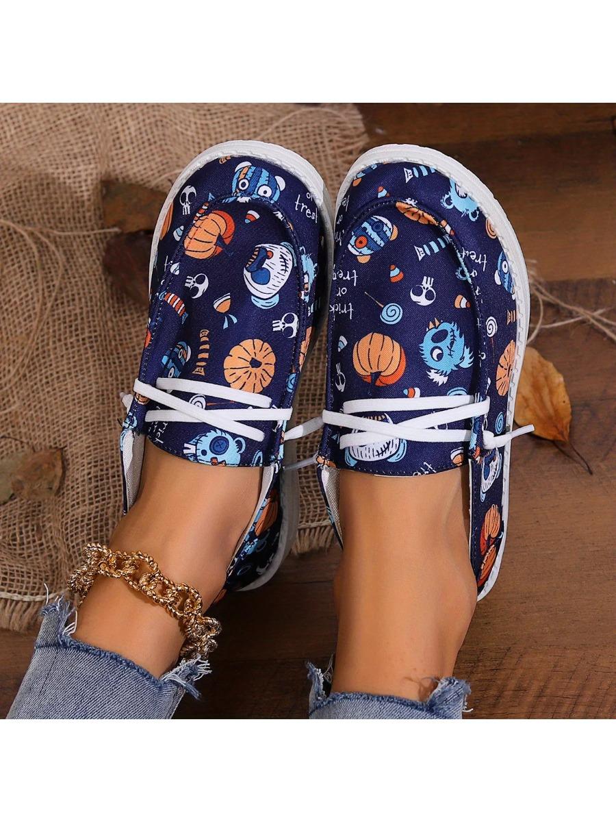 

Модные туфли-тыковки для женщин, осенний новый стиль, круглый носок, с принтом спереди, на шнуровке, дышащие тканевые лоферы, эспадрильи, роскошная обувь 42 синий