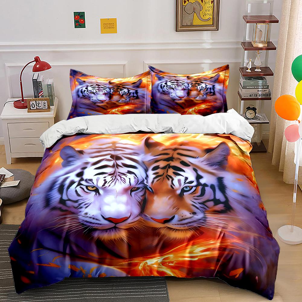 Two Tigers with Fiery Glow Print Soft Comfortable Duvet Cover Bedding Set Included 1*Duvet Cover 2*Pillowcases Luxury Gifts