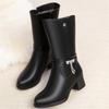 Fashion Comfortable Soft Leather Boots Mid Leg Motorcycle Boots Winter 2024 Med Block Heels Plush Fur Mom Elegant  Non-slip Shoes