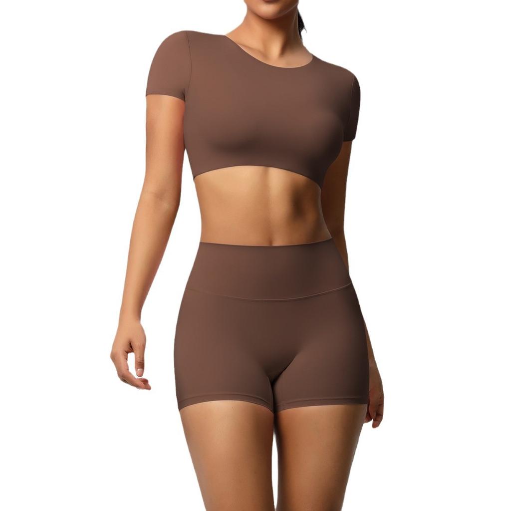 Spot Solid Color Double-sided Abraded Chest Yoga Suit, Running Sports Fitness Suit, Short Two-piece Set for Women