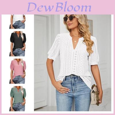Women's V-neck Tops Short Sleeve T-shirts With Cut Out Lace Detail
