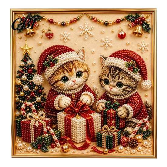 Christmas Party Favors Xmas Cat Faux Pearl Painting Kit, Festive Art DIY Seasonal Supplies Cute Kitty 3D Bead Craft Kit for Adults Teens, Holiday Wall