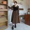 Hepburn-Style Long-Sleeve Midi Dress: Chic Autumn Design, Slimming High Waist, Plus Size, Fake Two-Piece Look
