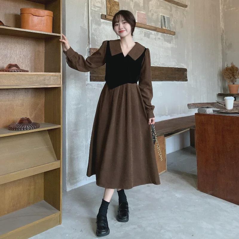 Hepburn-Style Long-Sleeve Midi Dress: Chic Autumn Design, Slimming High Waist, Plus Size, Fake Two-Piece Look
