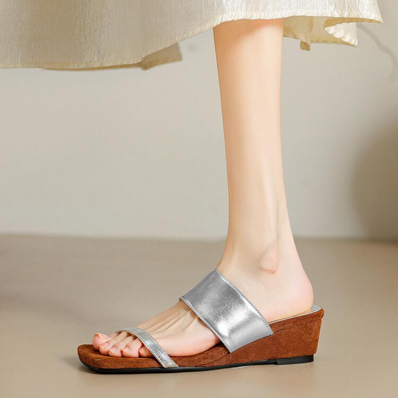 Summer women's cool slippers square head medium heel size sandals new casual rubber sole silver wedge heel slippers women