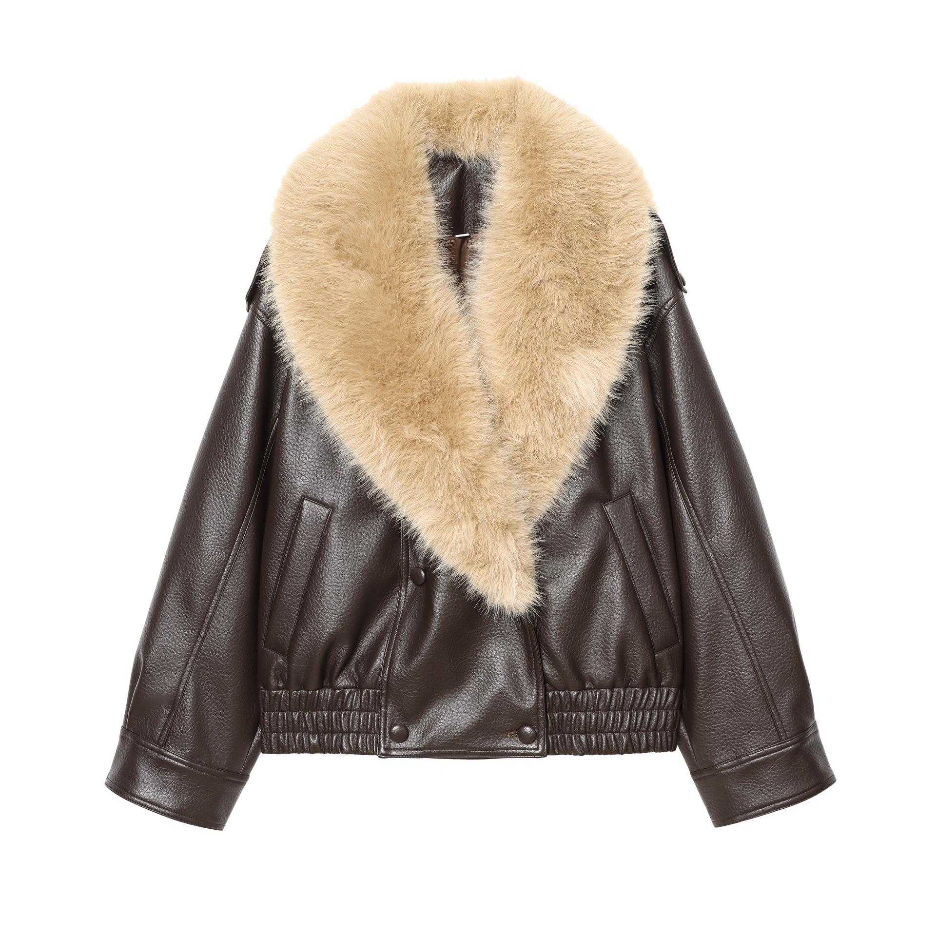 

European and American Women s Retro PU Leather Motorcycle Jacket with Lapel XS коричневый