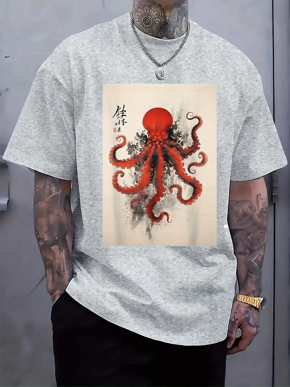 White T-shirt with Vibrant Red Octopus & Chinese Calligraphy Print - Casual Crew Neck XXXL