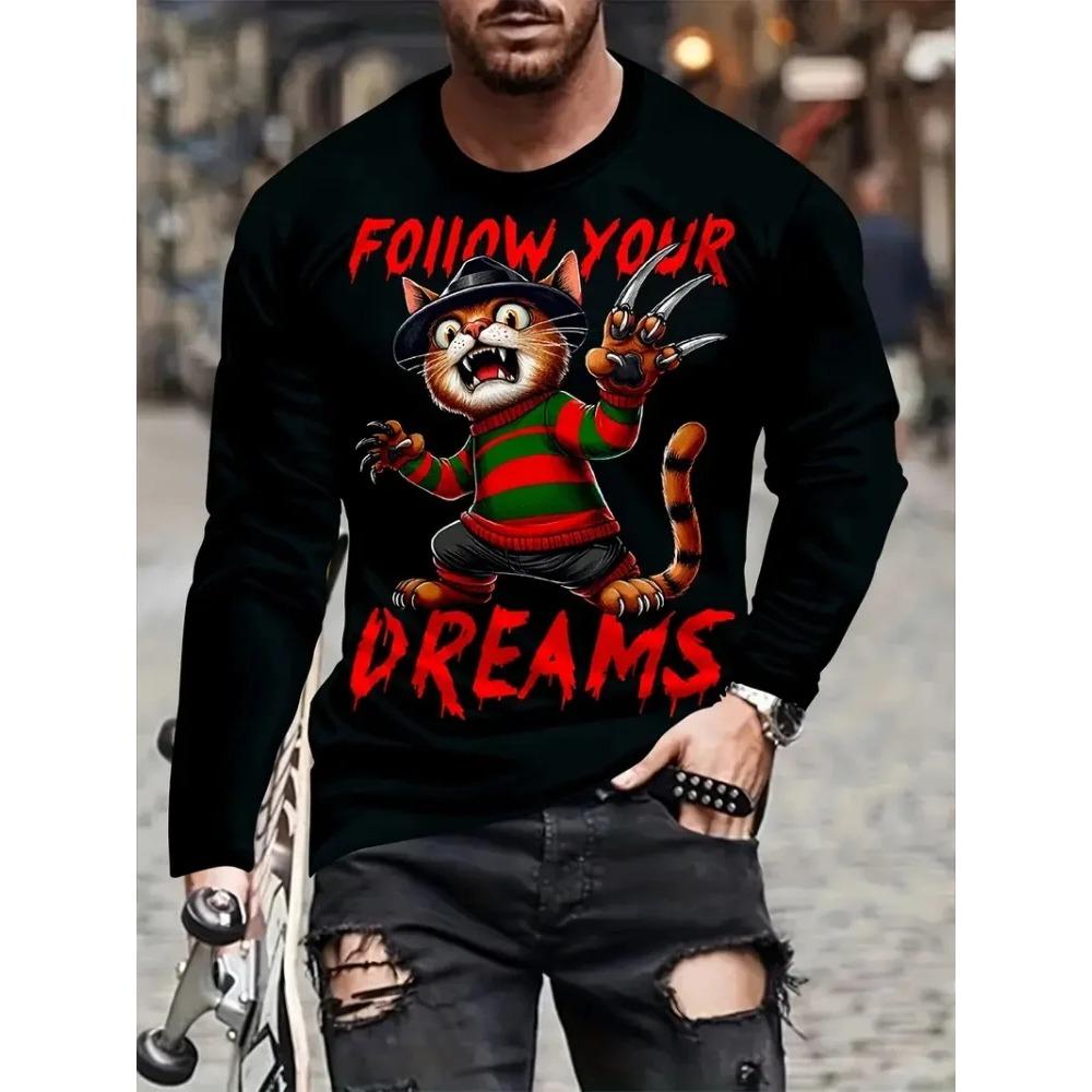 Spring and Autumn Round Neck 3D Animal Pattern Printed Top Fashionable Casual Long Sleeved Men's T-shirts