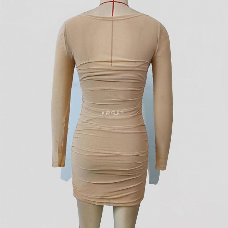 Women's Spring Temperament Mesh Gauze Square Collar Village Color Slim Pleated Long-sleeved Dress