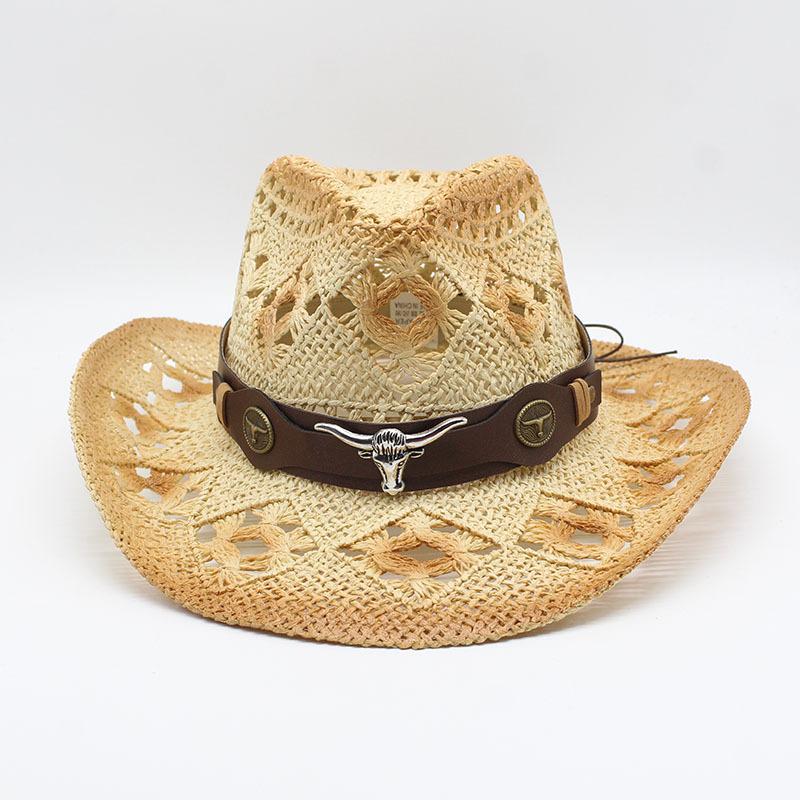 Cowboy Hat Men'S And Women'S Outdoor Shading Breathable Hollow Straw Hat Summer Vacation Beach Hat
