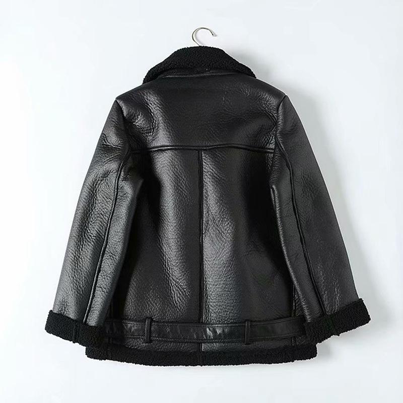 Women's Mid-length Lambswool Leather Motorcycle Jacket - European & American Winter Style