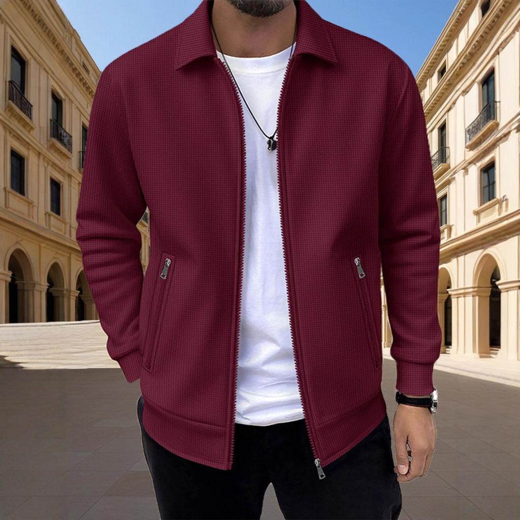 2025 Herren Frühling und Herbst Reißverschlusstasche Revers Einfarbig Lässige Slim Strickjacke Herrenjacke Mantel