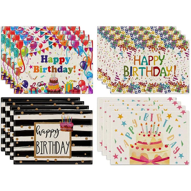 1PC New Birthday Theme Placemats Linen Happy Cake Balloon Printed Insulation Mats Home Dining Room Decorative Table Mats